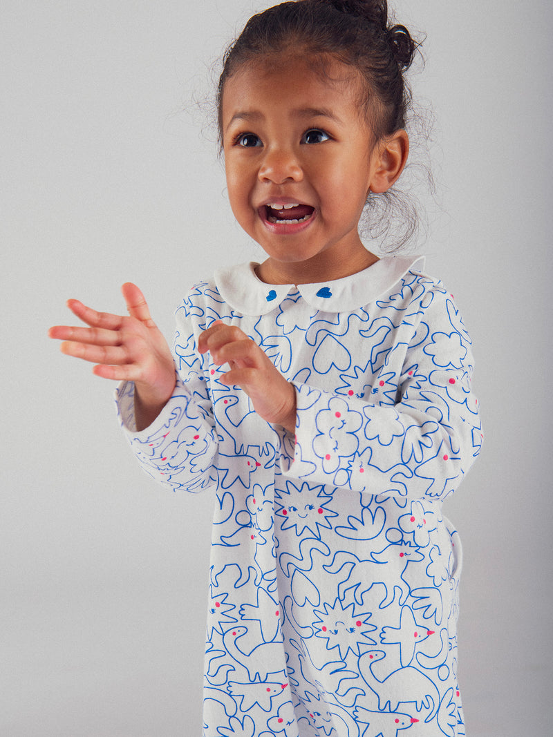Grenouillère écrue col Claudine avec imprimé intégral "Dream" bleu pour bébé fille