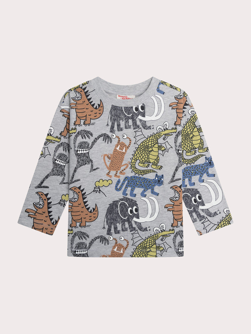 T-shirt gris chiné imprimé animaux et monstres