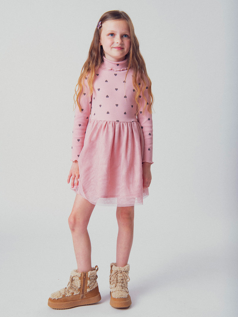 Robe rose bi-matière imprimé cœurs