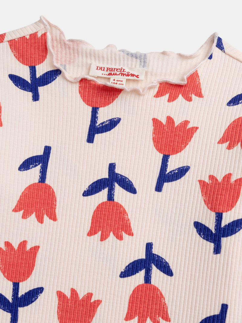 T-shirt à côte manches longues rose imprimé coquelicots pour fille