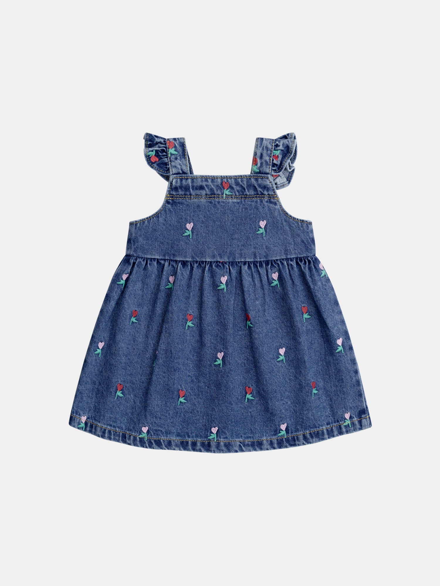 Robe en denim avec broderies fleurals-coeurs pour bébé fille