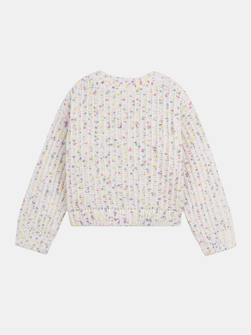 Cardigan blanc cassé en tricot avec petites boules multicolores pour fille