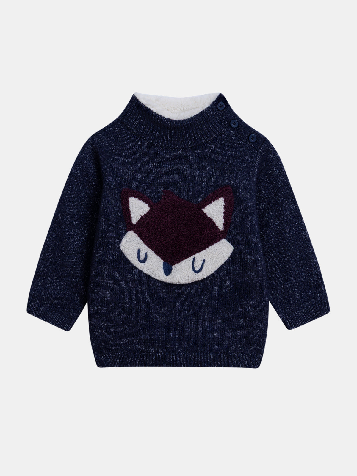 Pull tricot bleu nuit avec col douillet et motif renard pour bébé garçon