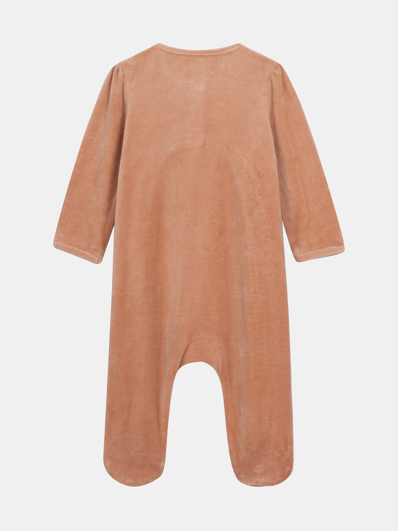 Grenouillère en velours caramel motif renard pour bébé fille