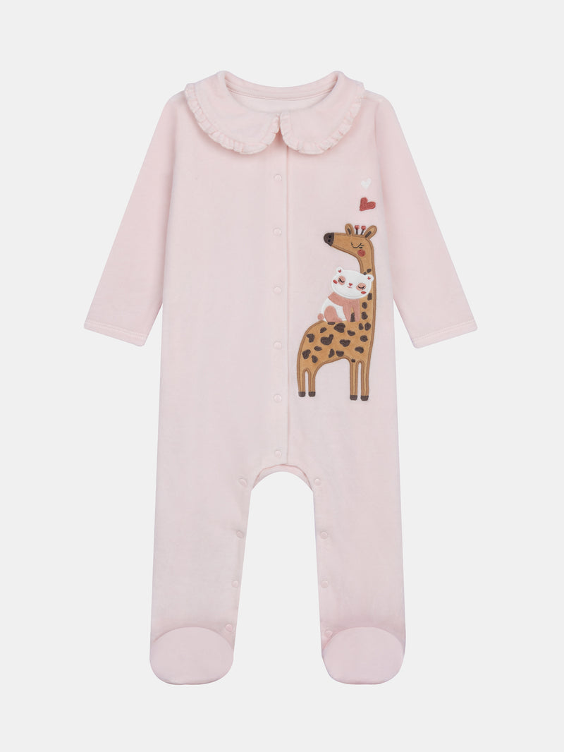 Grenouillère en velours rose dragée girafe et panda pour bébé fille