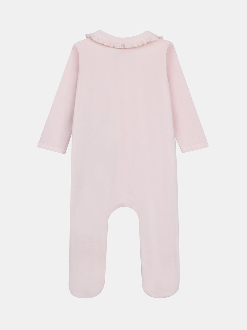 Grenouillère en velours rose dragée girafe et panda pour bébé fille