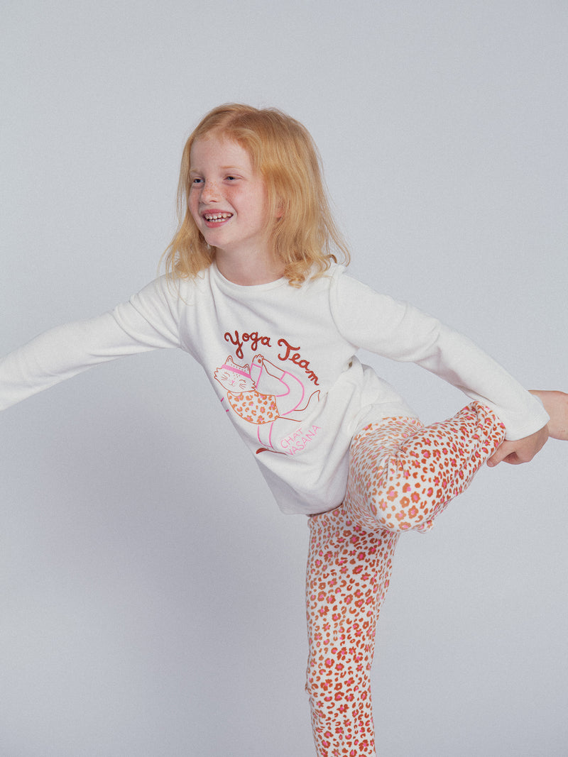 Pyjama écru et rose en velours "Cat Yoga Team" pour enfant fille