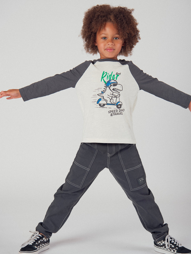 T-shirt écru à manches contrastées et animation dinosaure pour garçon