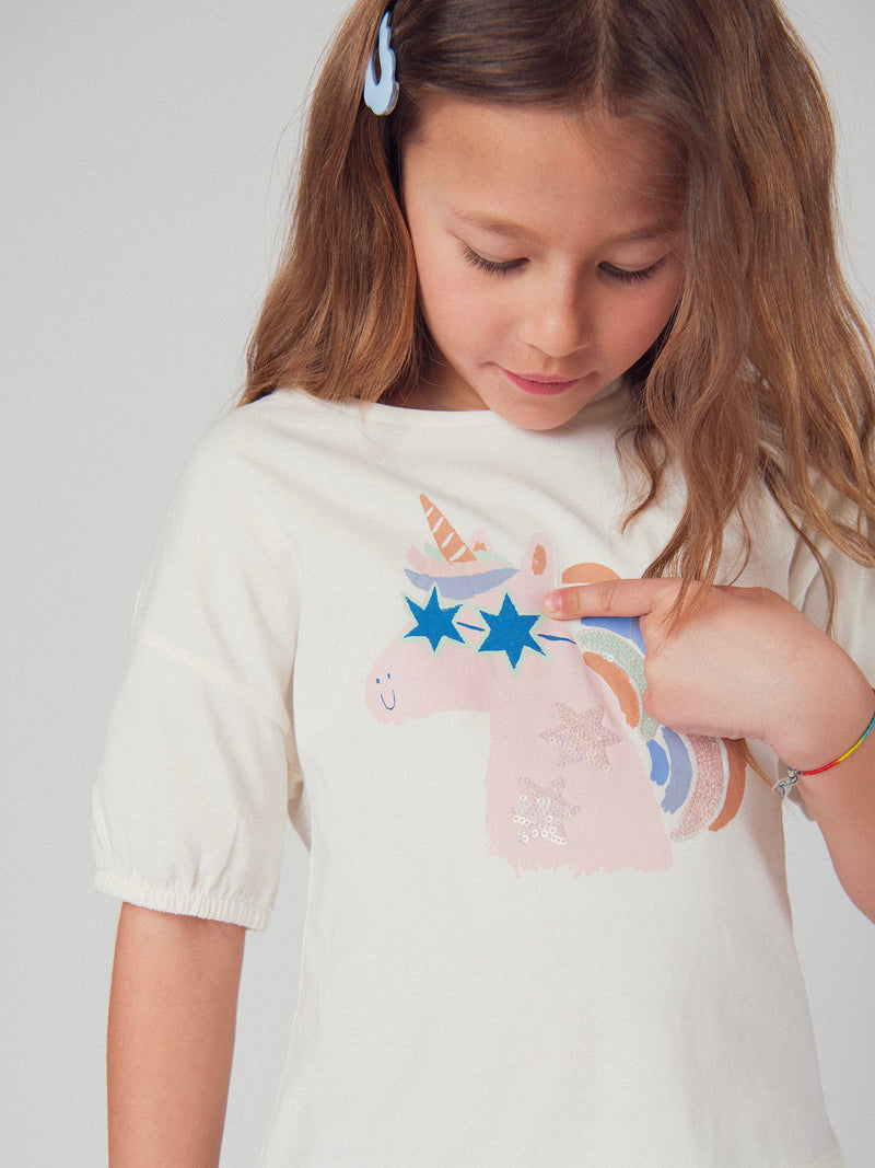 T-shirt écru animation tête de licorne pour fille