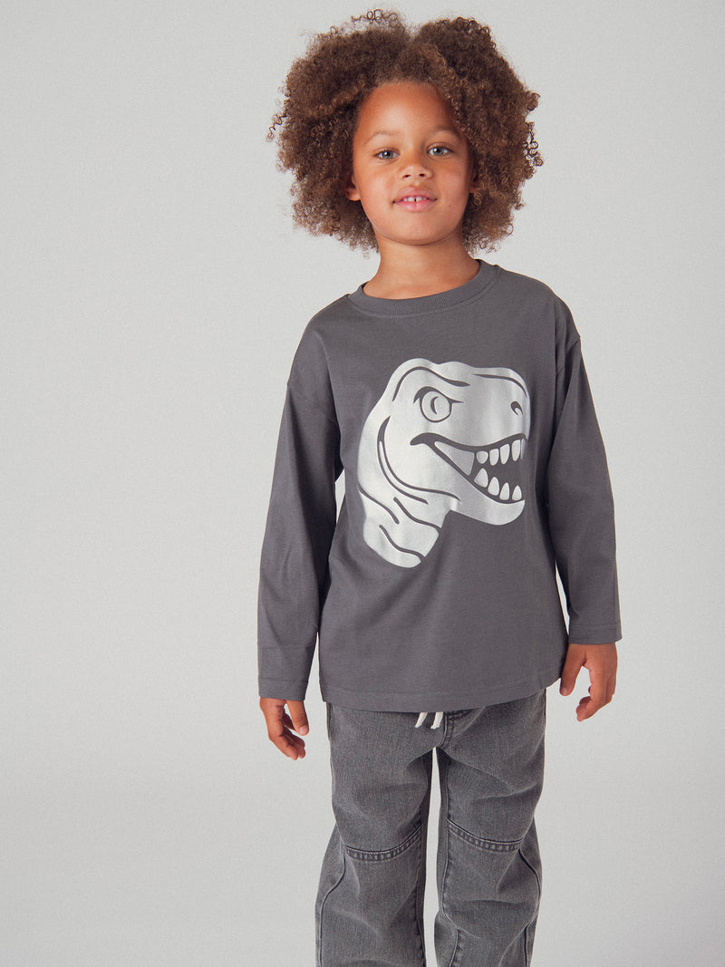 T-shirt gris animation tête de dinosaure pour garçon