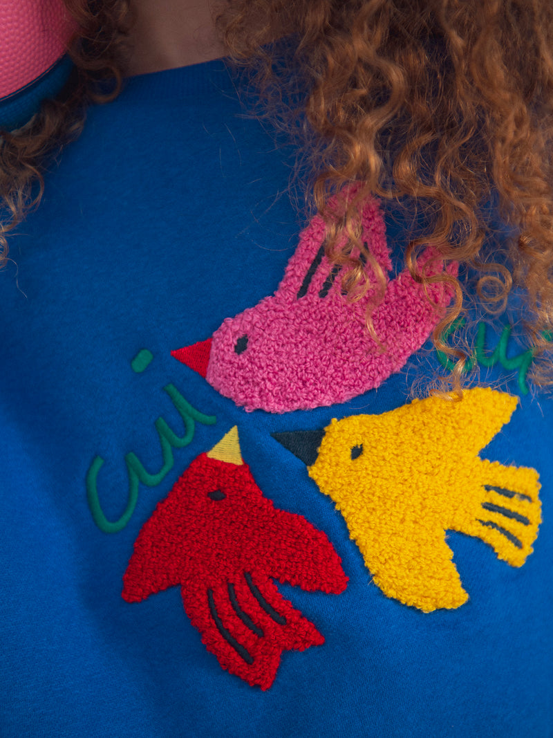 Sweat bleu animation oiseaux pour fille