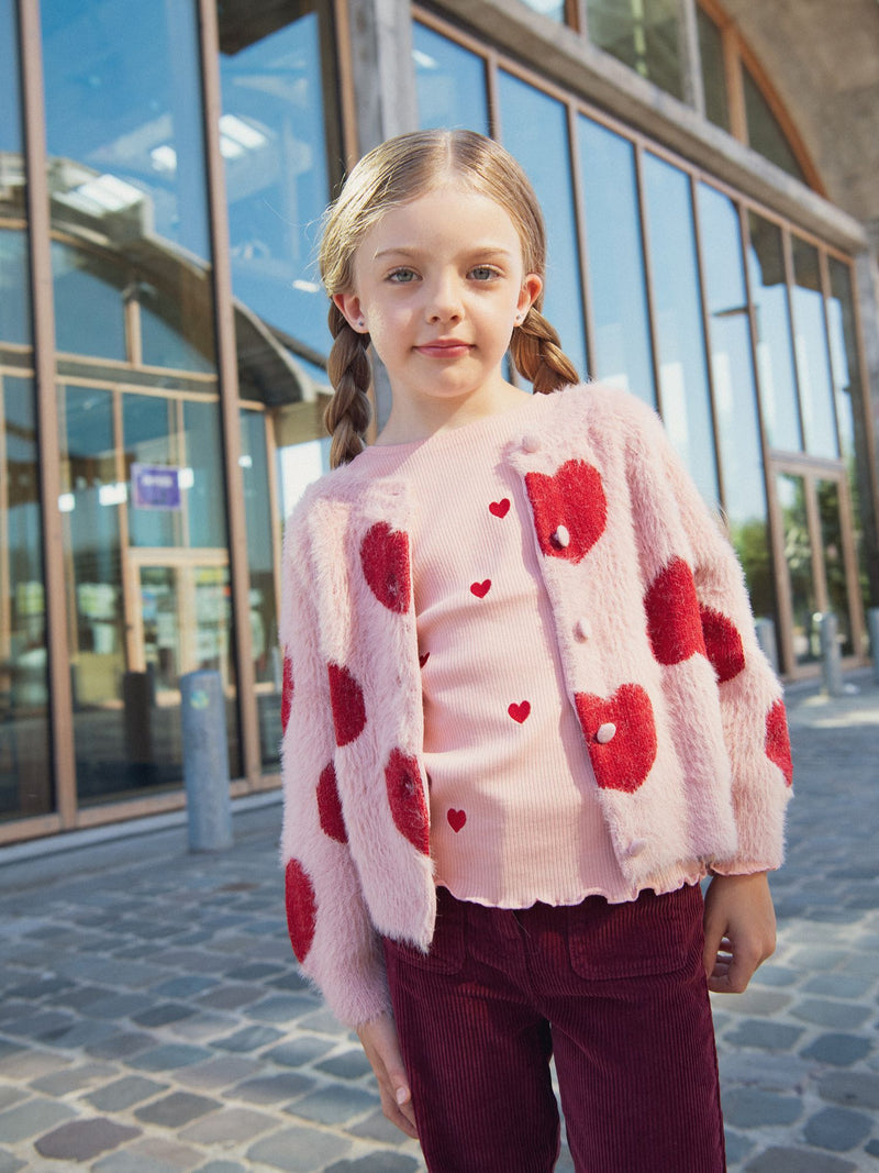 Cardigan rose motif coeurs pour fille