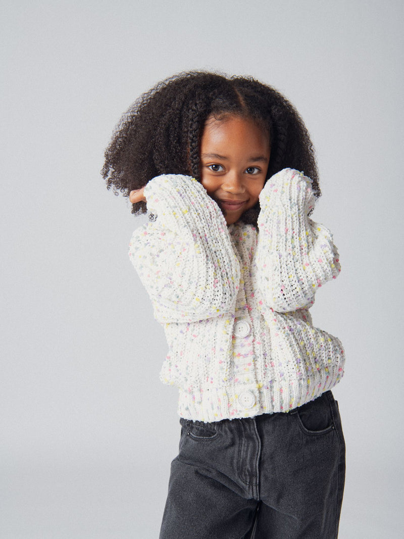 Cardigan blanc cassé en tricot avec petites boules multicolores pour fille