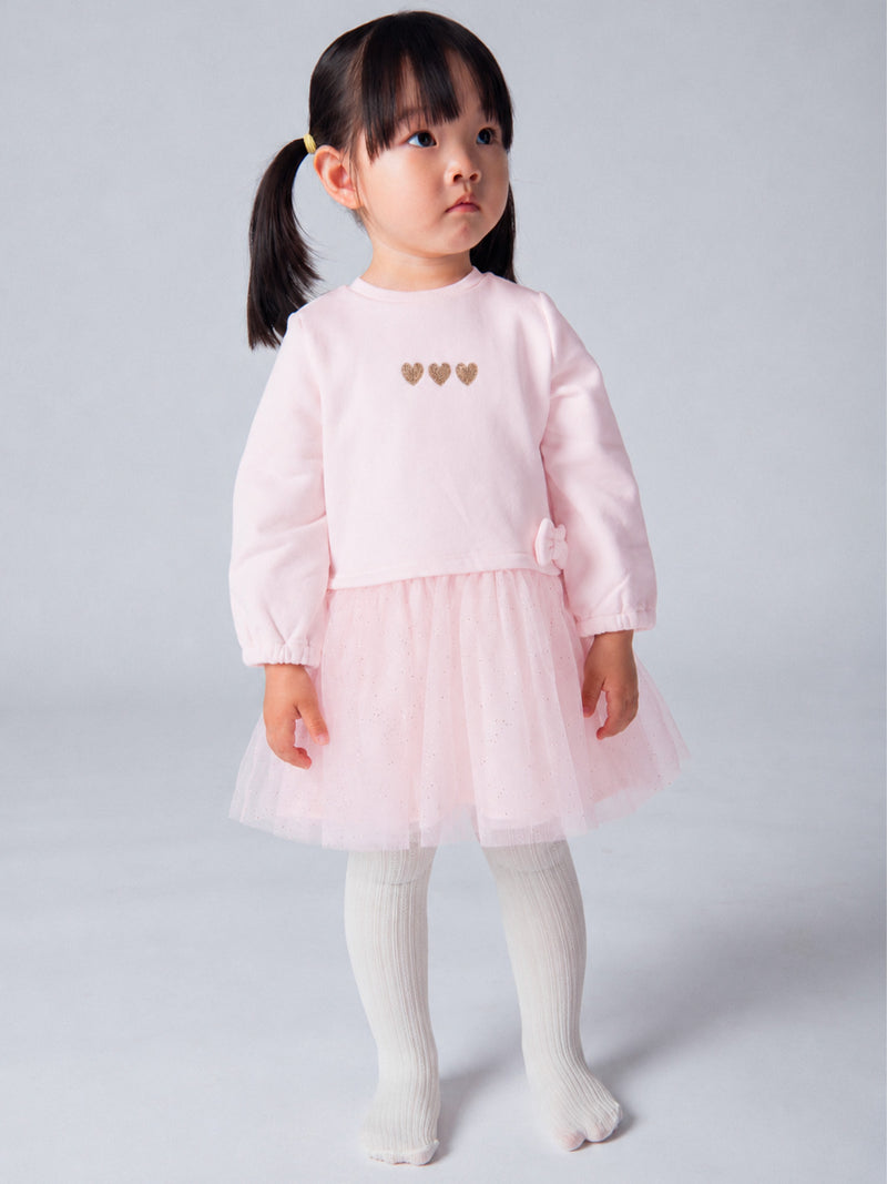 Robe bi-matière rose trémière en molleton et tulle pailleté pour bébé fille