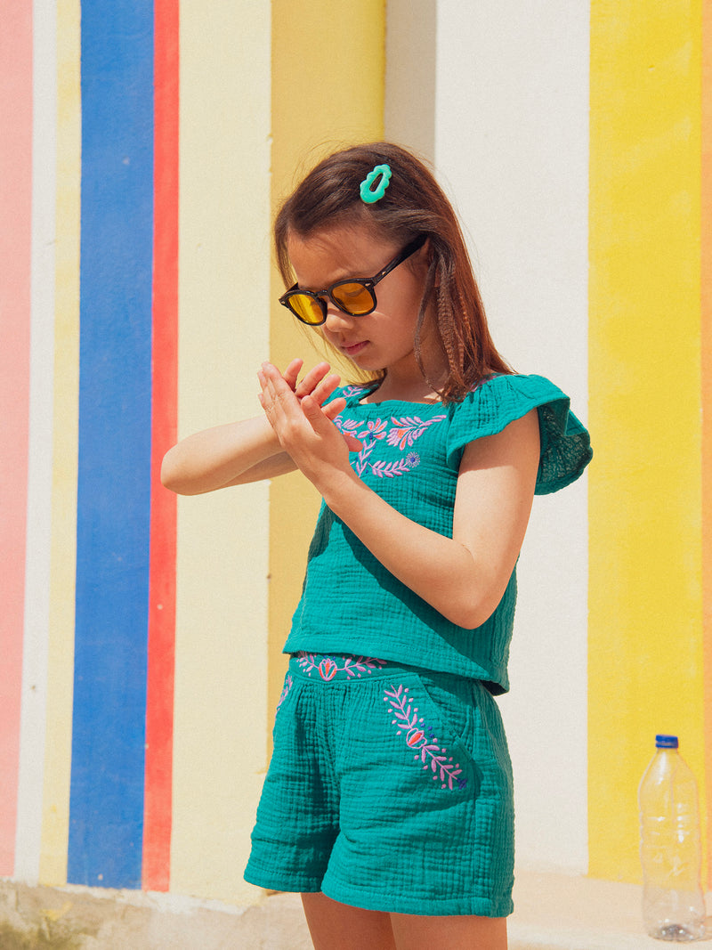 Chemisier vert à broderies florales pour fille