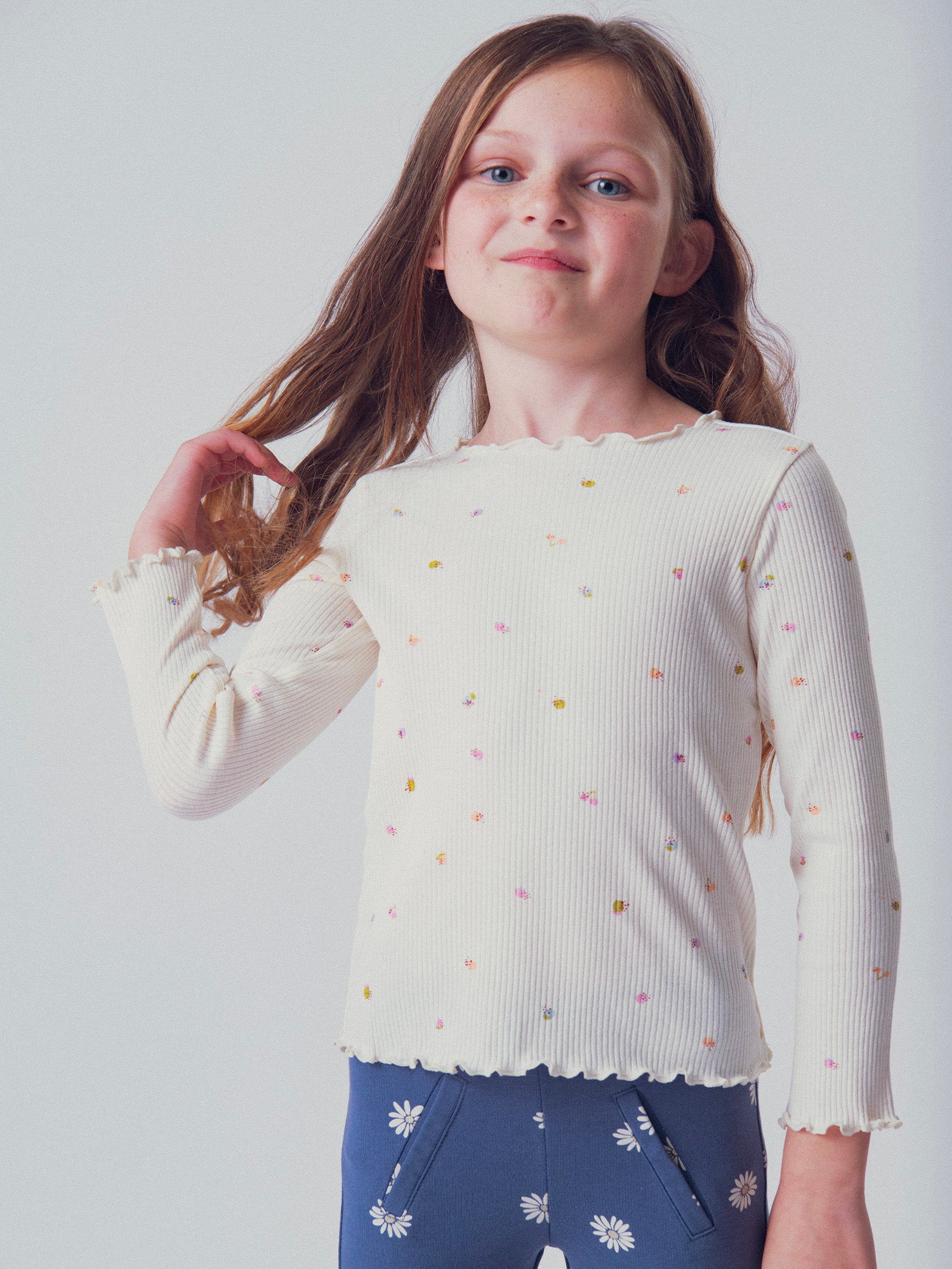 T-shirt à côte manches longues écru imprimé fruits pour fille