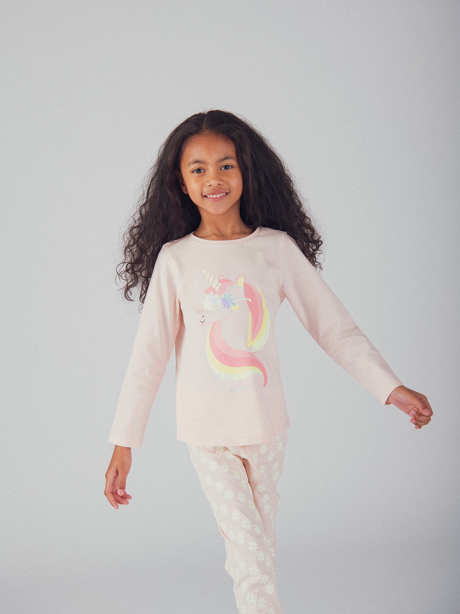 Pyjama long phosphorescent rose poudré à motif licorne pour enfant fille