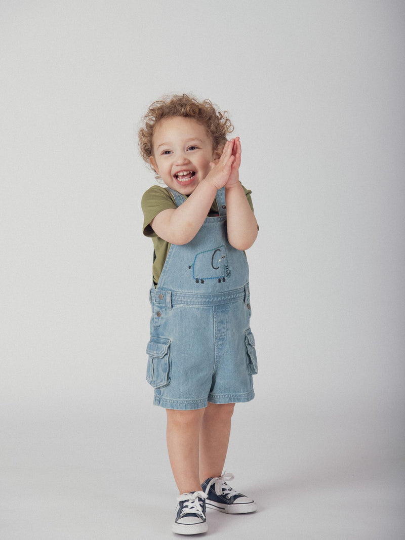 Salopette courte en denim clair motif "Éléphant" pour bébé garçon