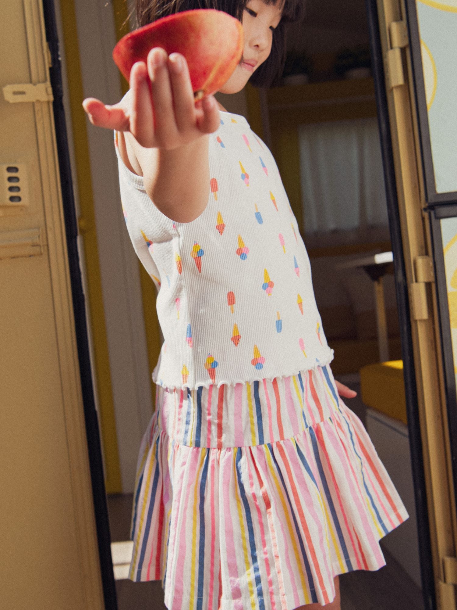 Jupe doublure short écrue rayures multicolores pour fille