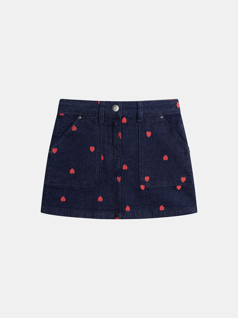 Jupe bleu en denim et broderies cœur pour fille