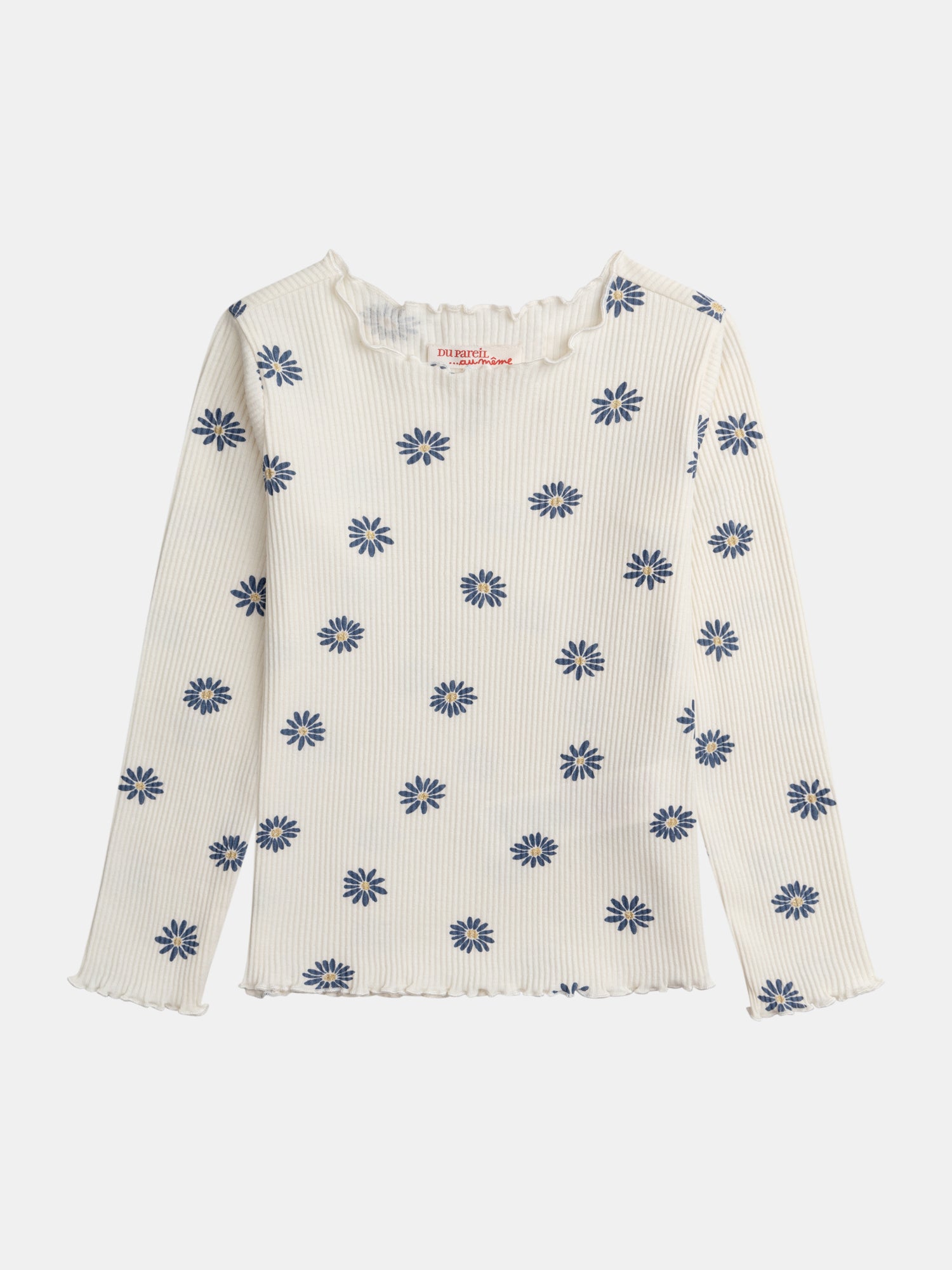 T-shirt à côte manches longues écru imprimé fleurs pour fille