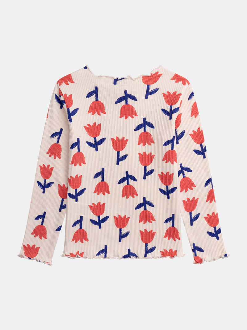 T-shirt à côte manches longues rose imprimé coquelicots pour fille