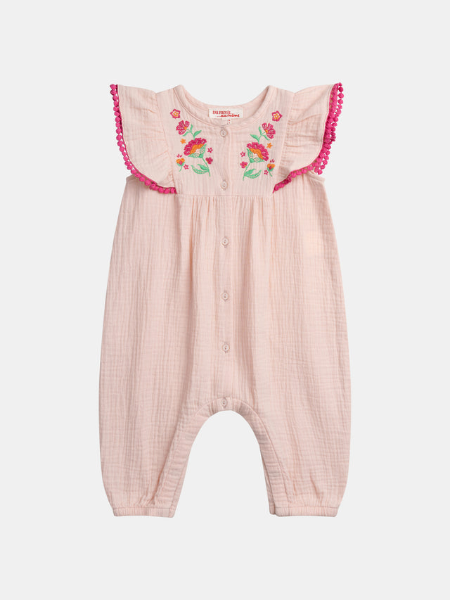 Combinaison à volants et broderie "FLEURS" rose poudré pour bébé fille