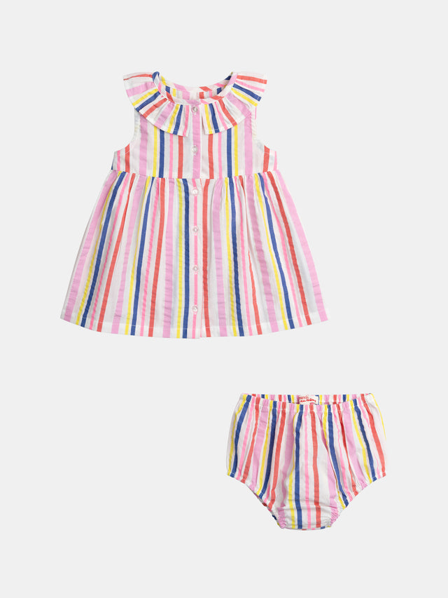 Robe à rayures multicolores et col volanté pour bébé fille