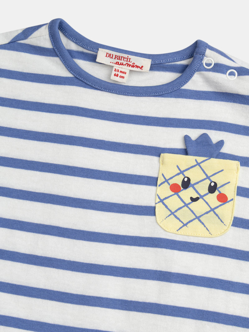 Combinaison bleu et blanc rayée avec poche ananas pour bébé garçon