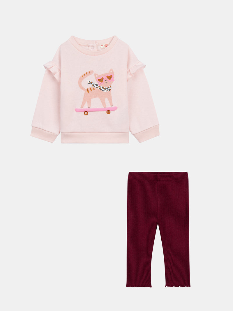 Ensemble sweat rose craie "Skater Cat" et legging côtelé prune pour bébé fille
