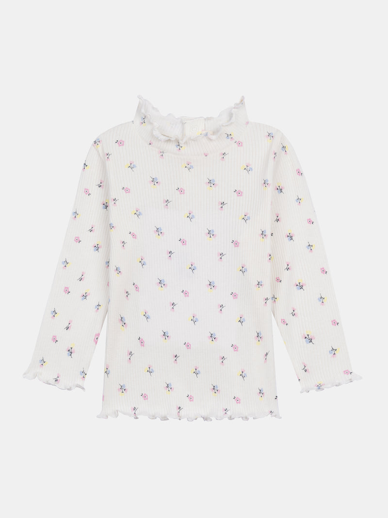 Sous-pull col montant en côte imprimé fleurs pour bébé fille