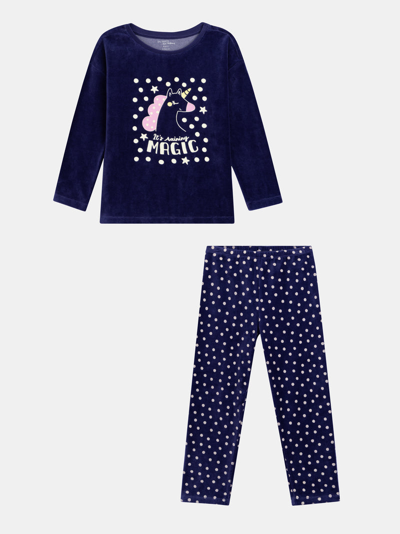 Pyjama bleu en velours "It's raining MAGIC" phosphorescents pour enfant fille
