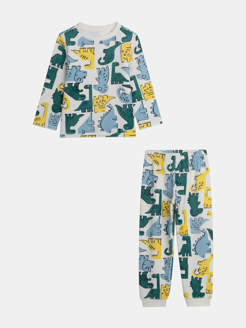 Pyjama 2 pièces en velours imprimé intégral dinosaures colorés pour enfant garçon