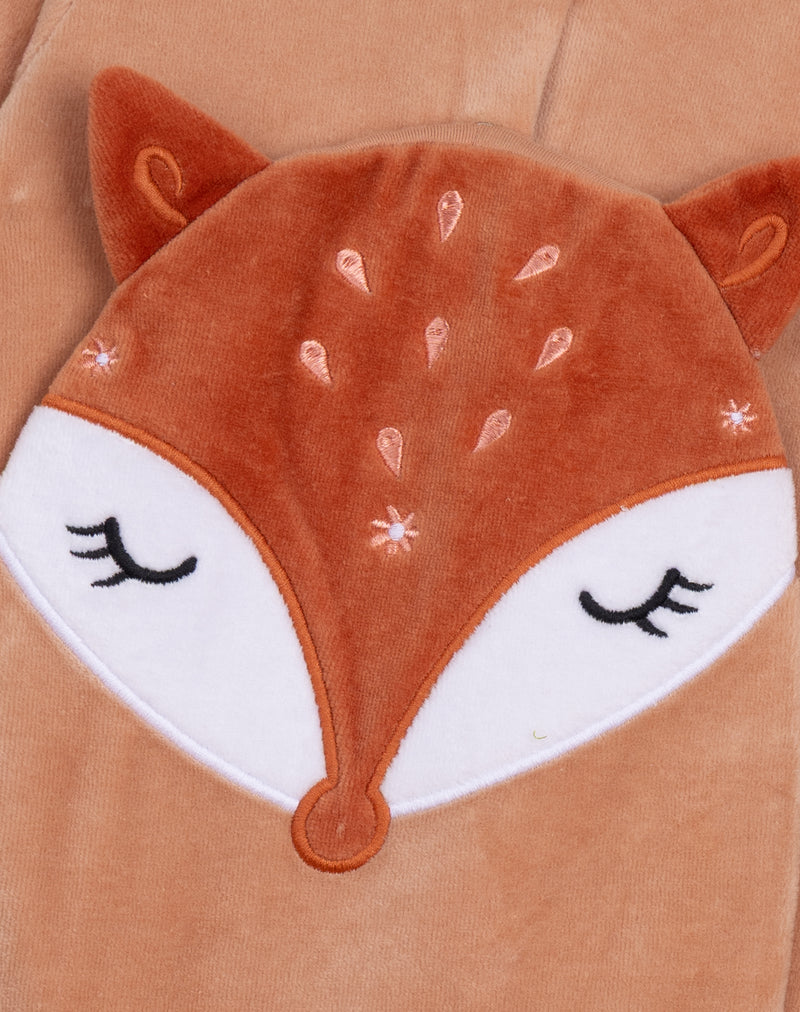 Grenouillère en velours caramel motif renard pour bébé fille