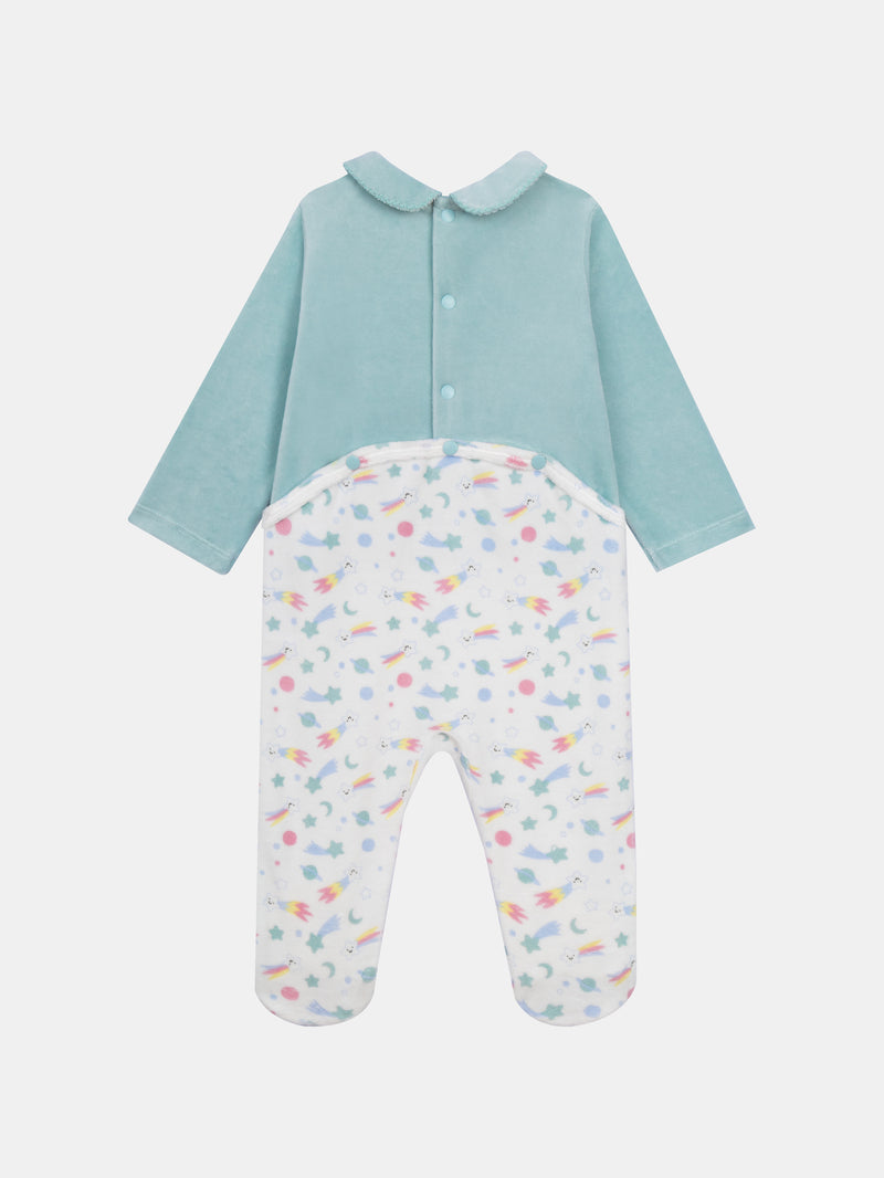 Grenouillère en velours bleu imprimé intégrale spacial & motif chat pour bébé fille