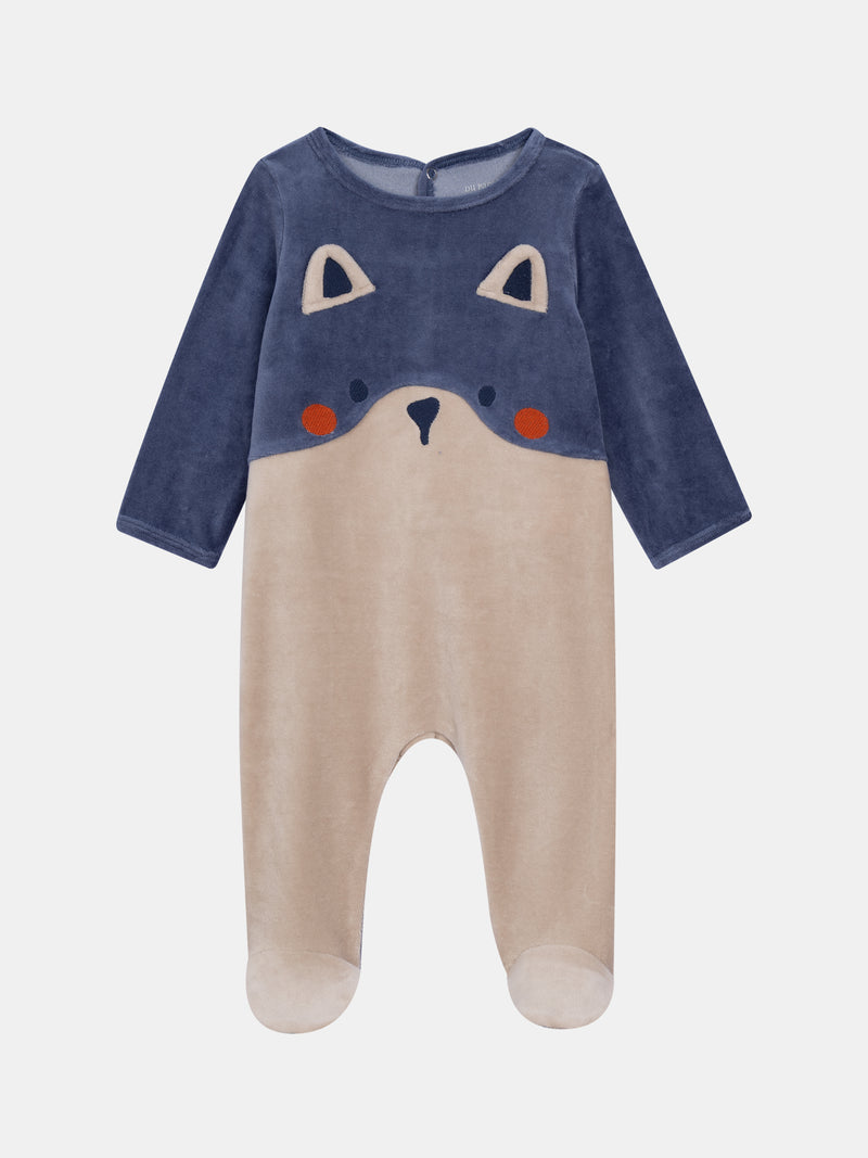Grenouillère en velours bleu océan et grège motif renard pour bébé garçon