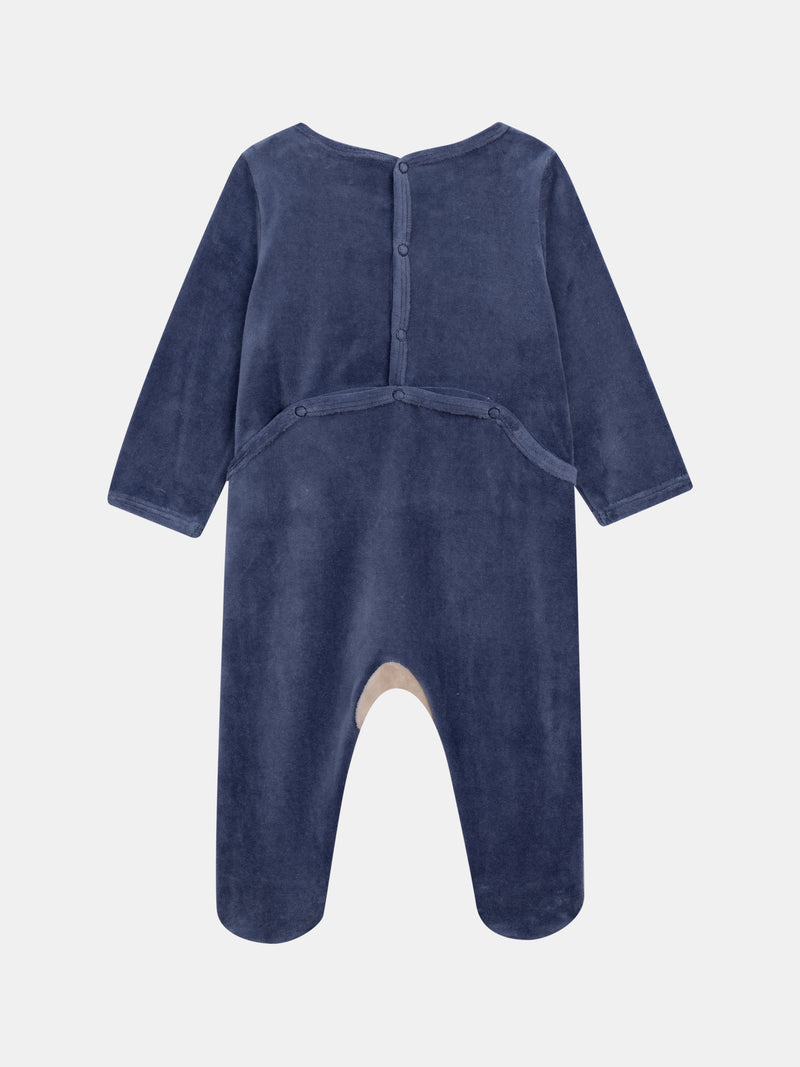 Grenouillère en velours bleu océan et grège motif renard pour bébé garçon