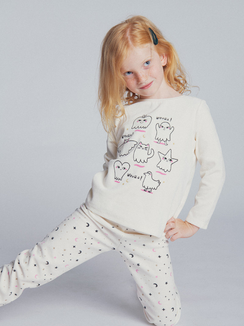 Pyjama 2 pièces écru en velours à motifs fantômes phosphorescents pour enfant fille