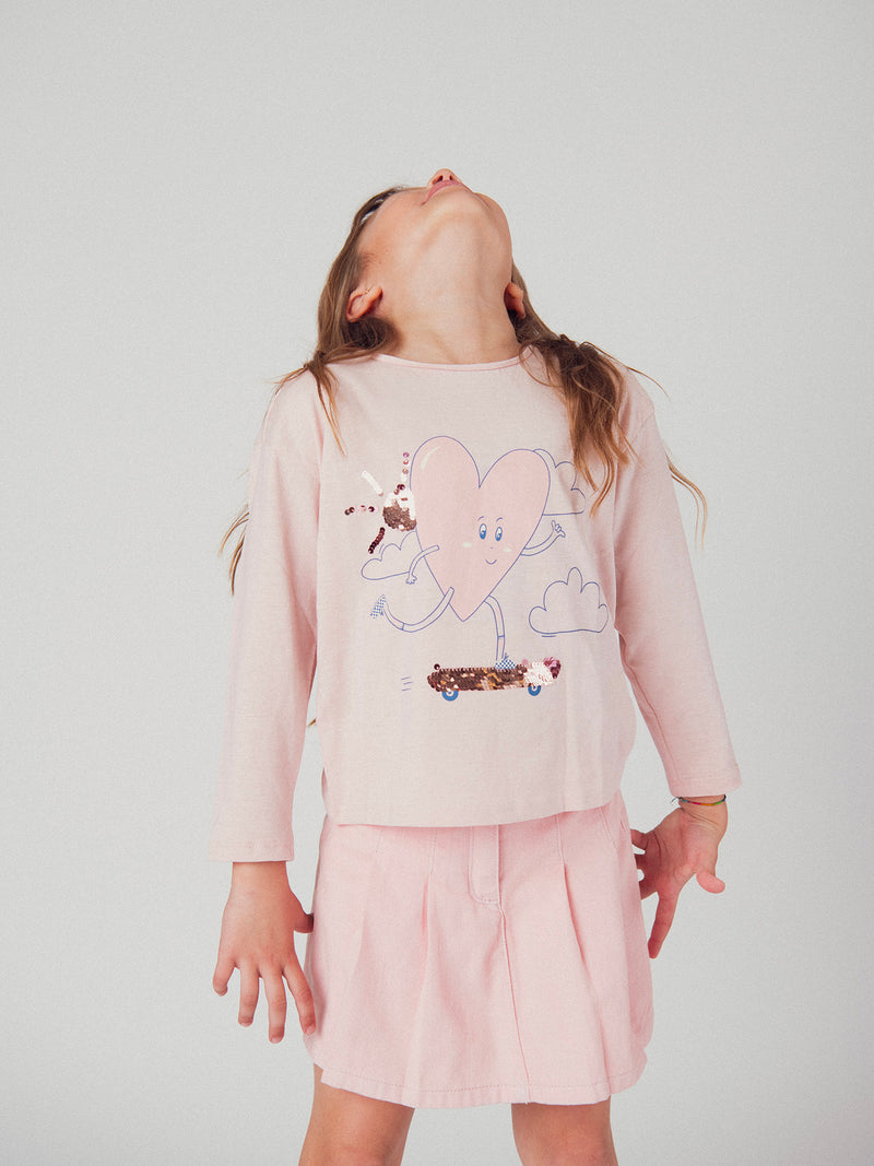 T-shirt rose clair animation coeur pour fille