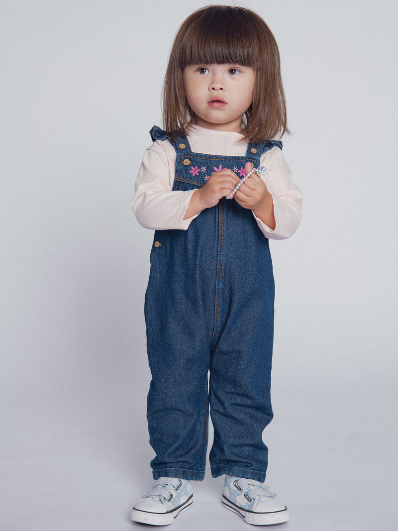 Salopette en denim brodée "ARTY SCHOOL" pour bébé fille