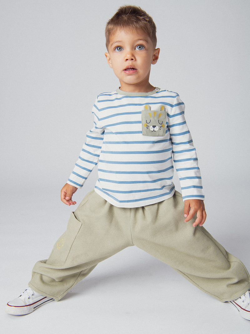 Tee-shirt rayé écru et bleu "Wild Campus" pour bébé garçon