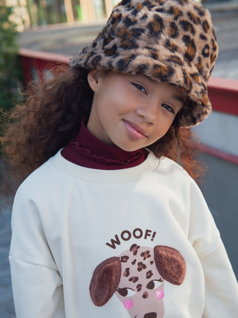 Sweat écru à animation chien pour fille