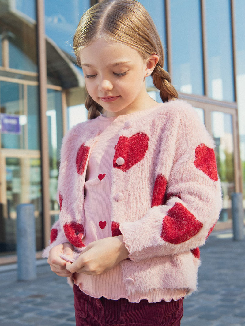 Cardigan rose motif  coeurs pour fille