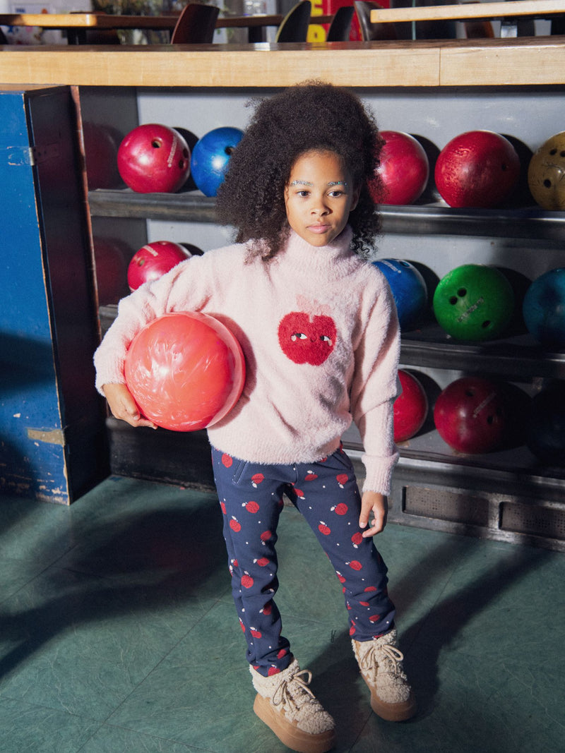 Pull rose animation pomme pour fille