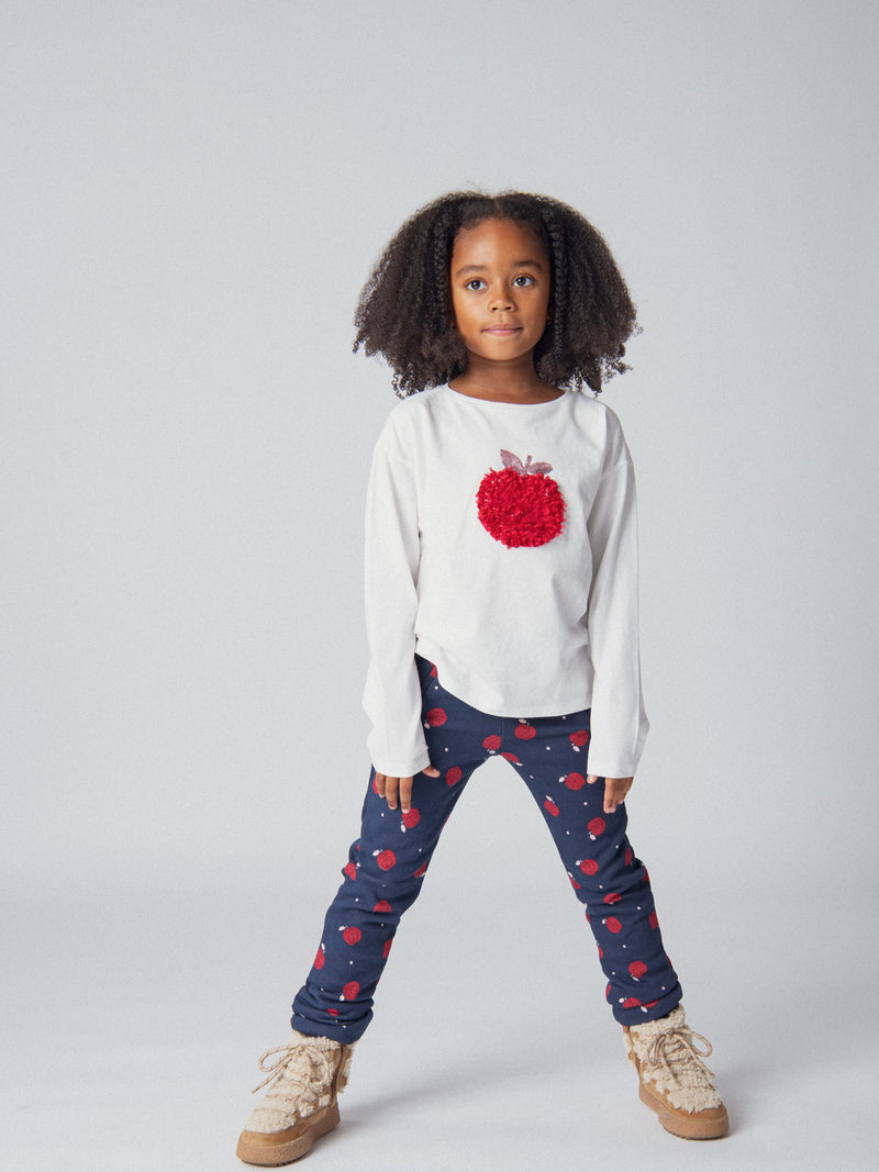 T-shirt écru à manches longues animation pomme 3D pour fille