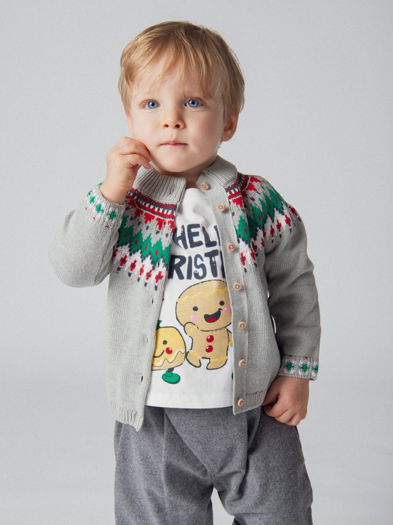 Gilet en maille jacquard gris chiné à col doublé sherpa pour bébé garçon