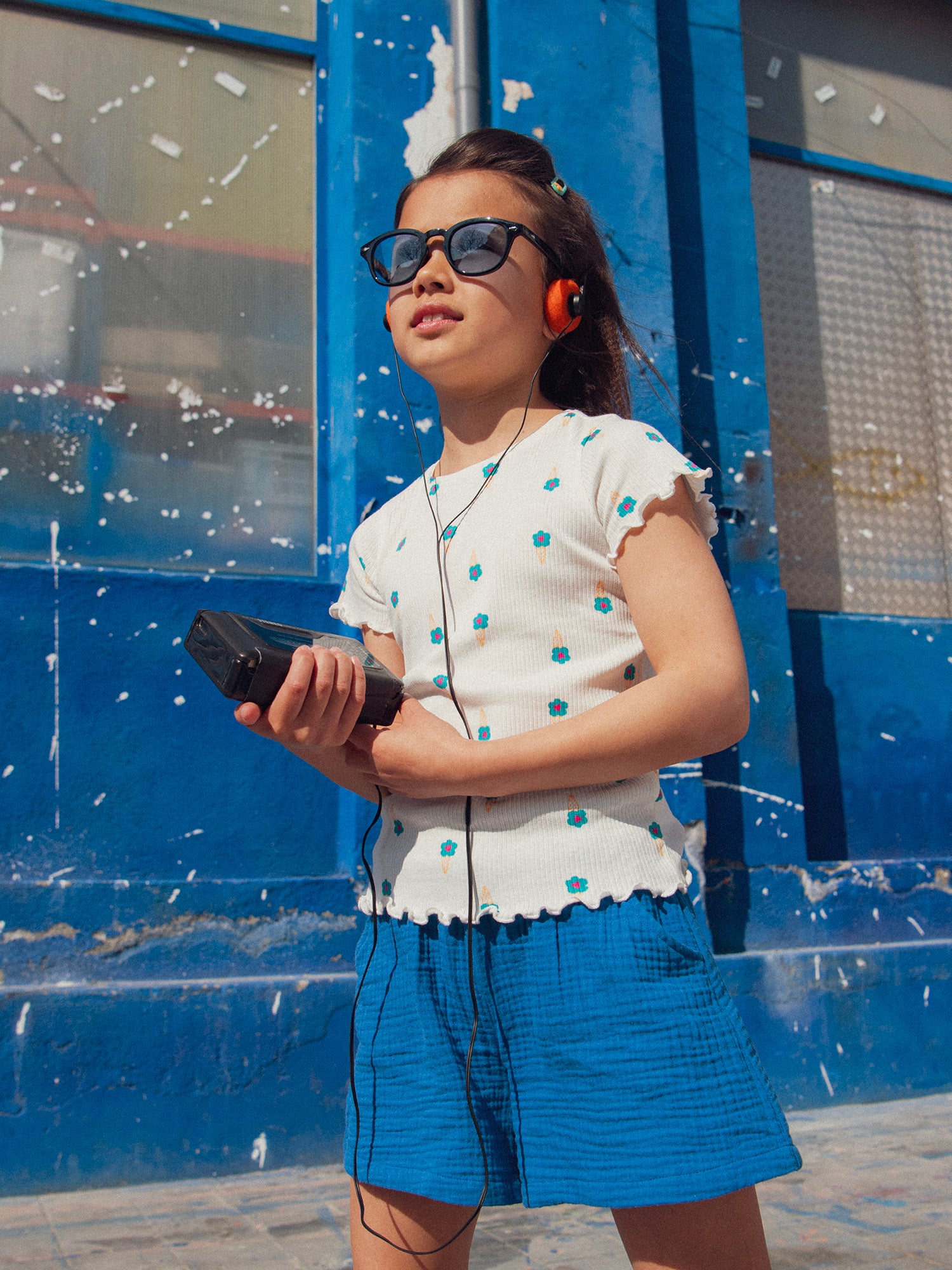 T-shirt en côte écru imprimé glace fleur pour fille