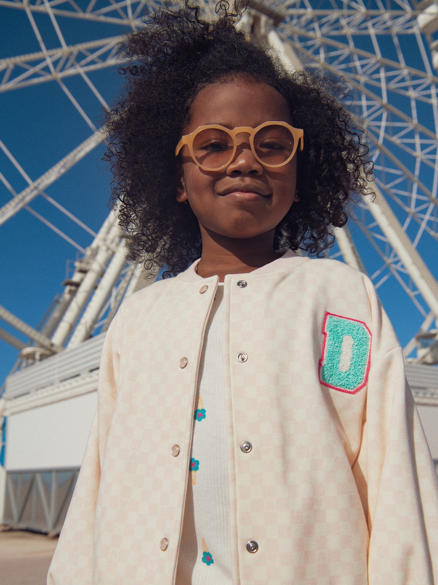 Veste teddy à damier rose et écru pour fille