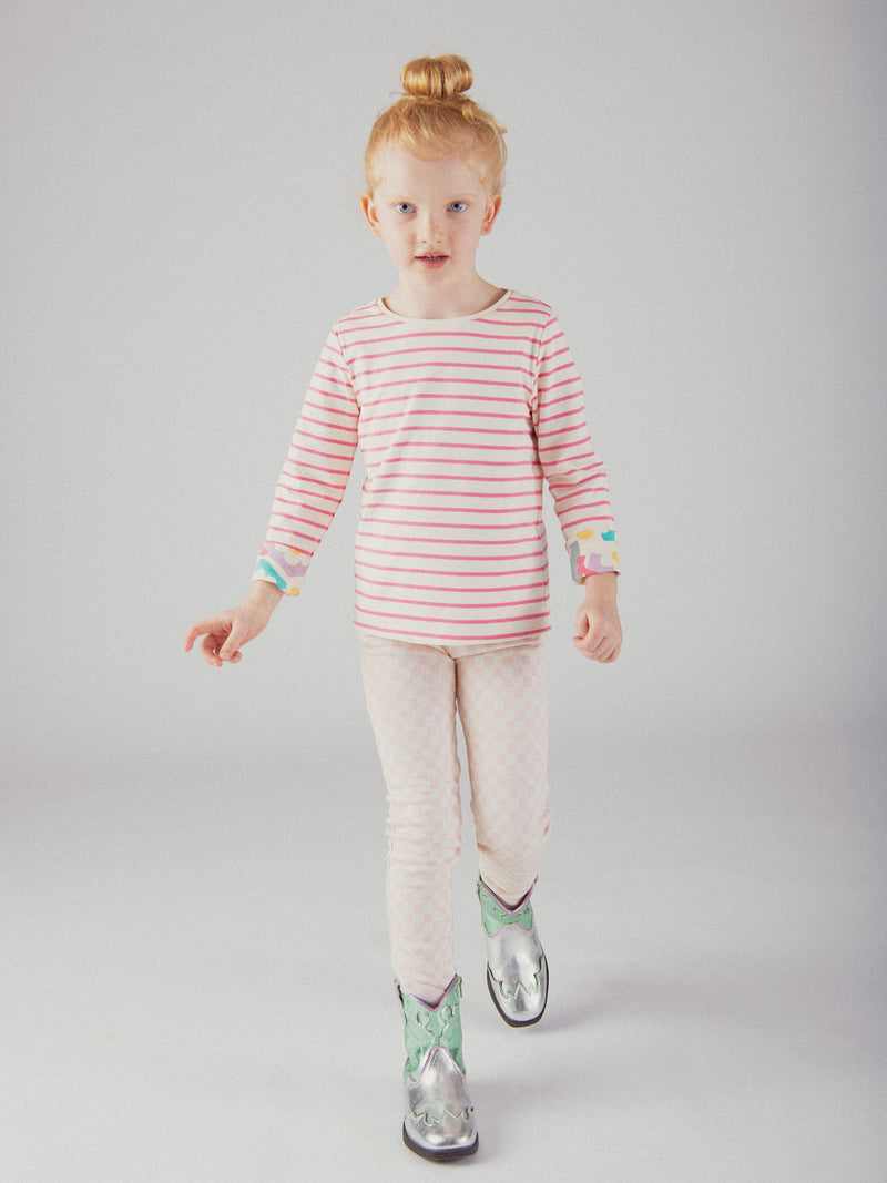 Pantalon doublé chaud à damier rose et écru pour fille