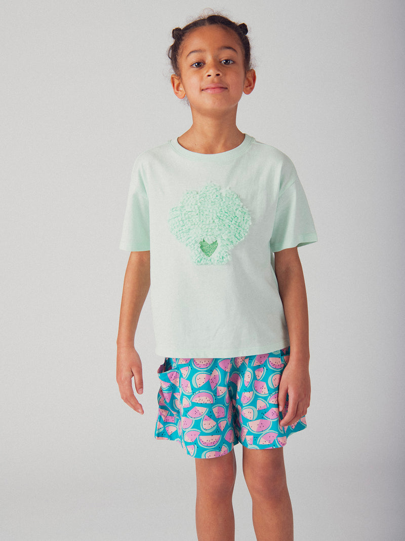 T-shirt bleu animation coquillage en 3D pour fille